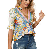 Multicolour Half Sleeve Boho Floral Pop of Color Neckline Blouse