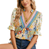 Multicolour Half Sleeve Boho Floral Pop of Color Neckline Blouse