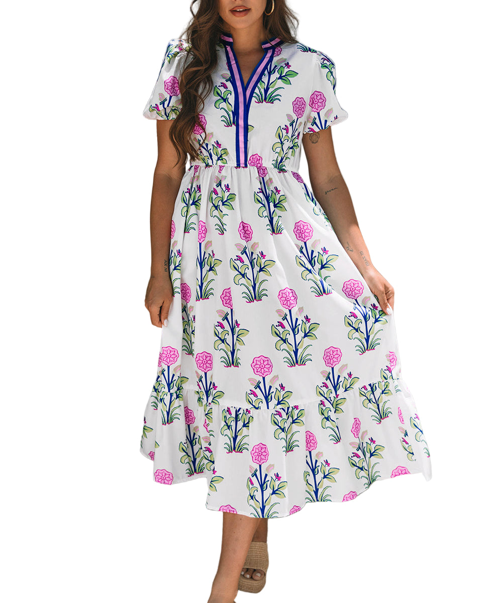 Sky Blue Floral Puff Short Sleeve V Neck High Waist Maxi Dress