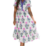 Sky Blue Floral Puff Short Sleeve V Neck High Waist Maxi Dress