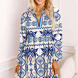 Blue Ethnic Print Striped Split Neck Long Sleeve Flowy Mini Dress