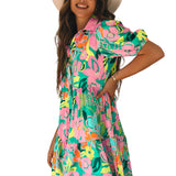 Green Floral Puff Sleeve Collar Buttoned Babydoll Dress