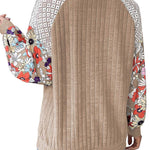 Laurel Green Floral Patchwork Long Sleeve Ribbed Blouse