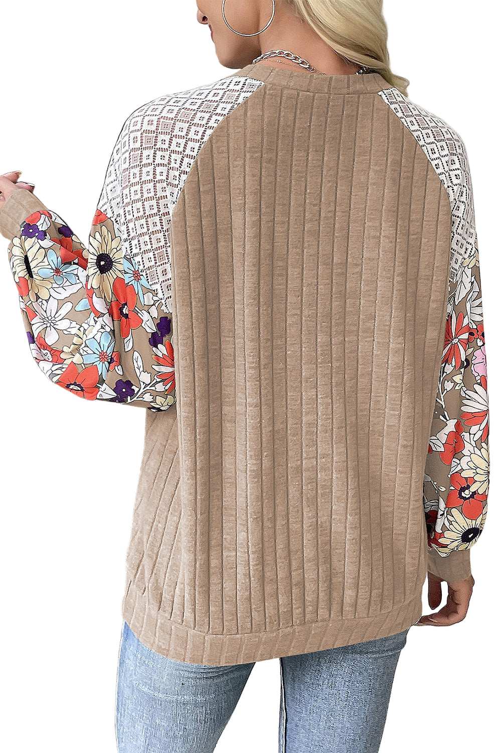 Laurel Green Floral Patchwork Long Sleeve Ribbed Blouse