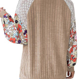 Laurel Green Floral Patchwork Long Sleeve Ribbed Blouse