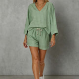 Women's Loose V-Neck Long Sleeve Striped Shorts Set – Casual Leisure