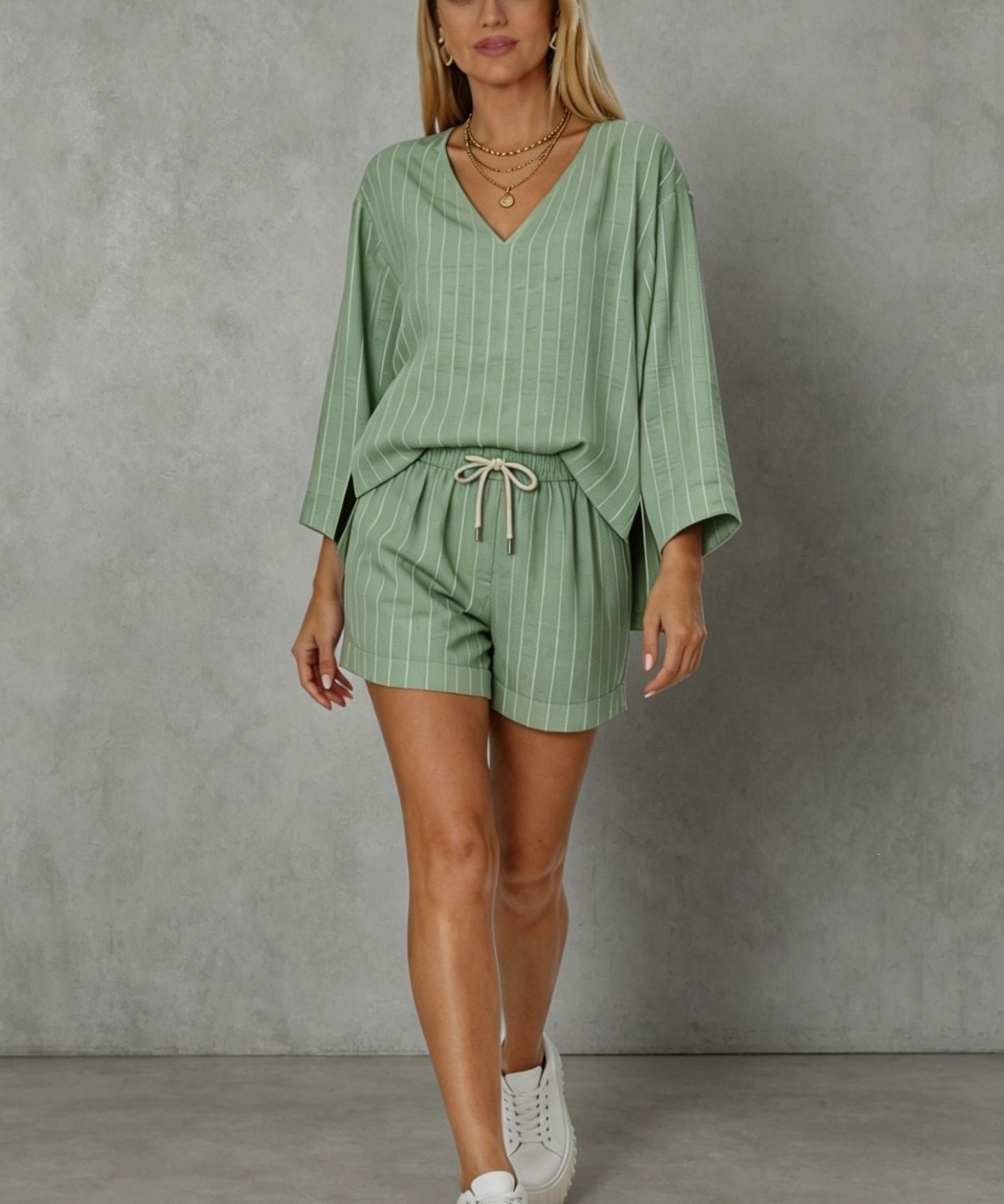 Women's Loose V-Neck Long Sleeve Striped Shorts Set – Casual Leisure