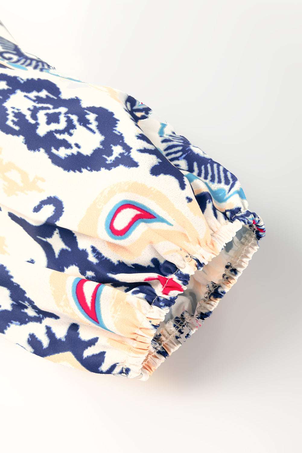 Blue Ethnic Print Striped Split Neck Long Sleeve Flowy Mini Dress