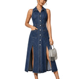 Women's Retro Washed Denim Midi Dress – Sleeveless Collared Button-Front with Slits & Pockets