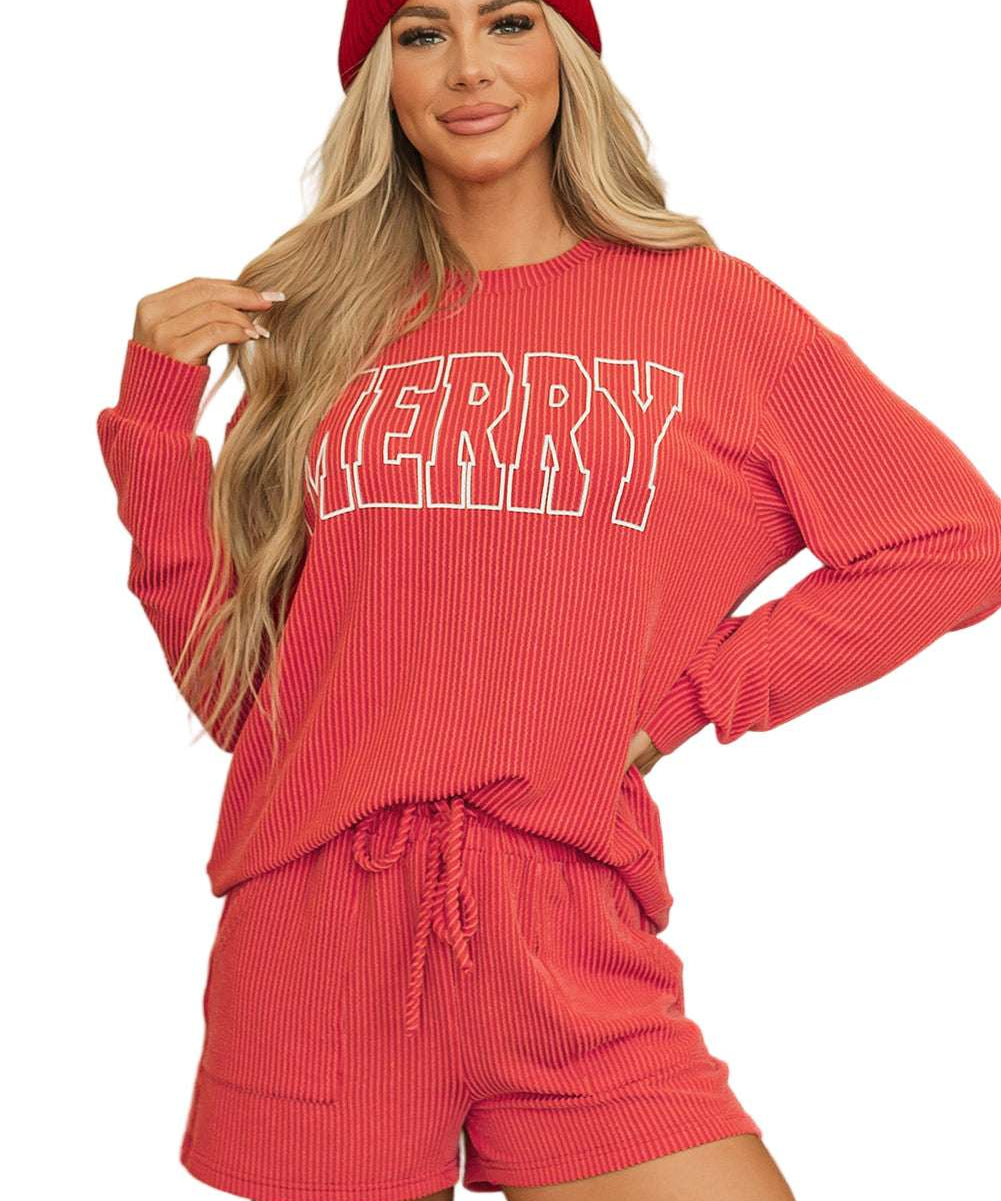 Racing Red Corded MERRY Graphic Long Sleeve Top and Shorts Set