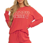 Racing Red Corded MERRY Graphic Long Sleeve Top and Shorts Set