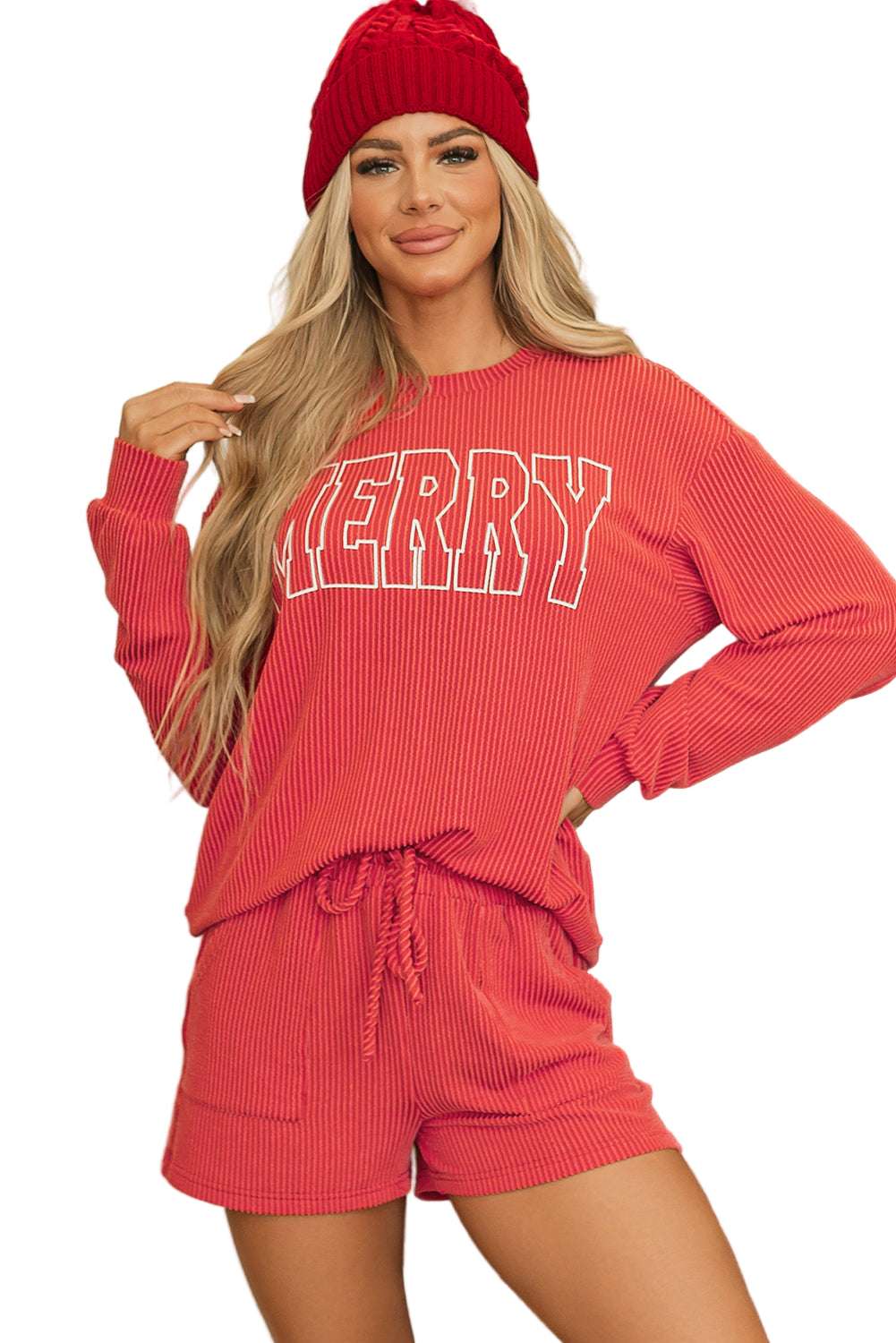 Racing Red Corded MERRY Graphic Long Sleeve Top and Shorts Set