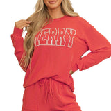 Racing Red Corded MERRY Graphic Long Sleeve Top and Shorts Set