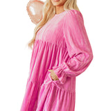 Strawberry Pink Flounce Sleeve Tiered Ruffled Velvet Mini Dress