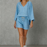 Women's Loose V-Neck Long Sleeve Striped Shorts Set – Casual Leisure