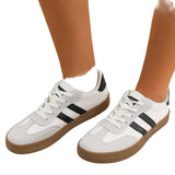 White Striped Lace-up Flat Sneakers