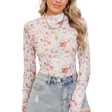 Pink Floral Print Mesh Mock Neck Slim Blouse