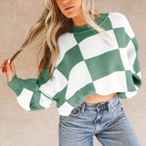 Dark Brown Checkered Bishop Sleeve Sweater