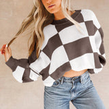 Dark Brown Checkered Bishop Sleeve Sweater