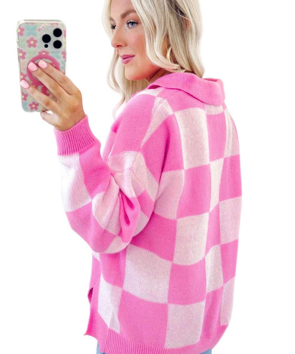 Pink Checkerboard Half Button Collared Drop Shoulder Sweater