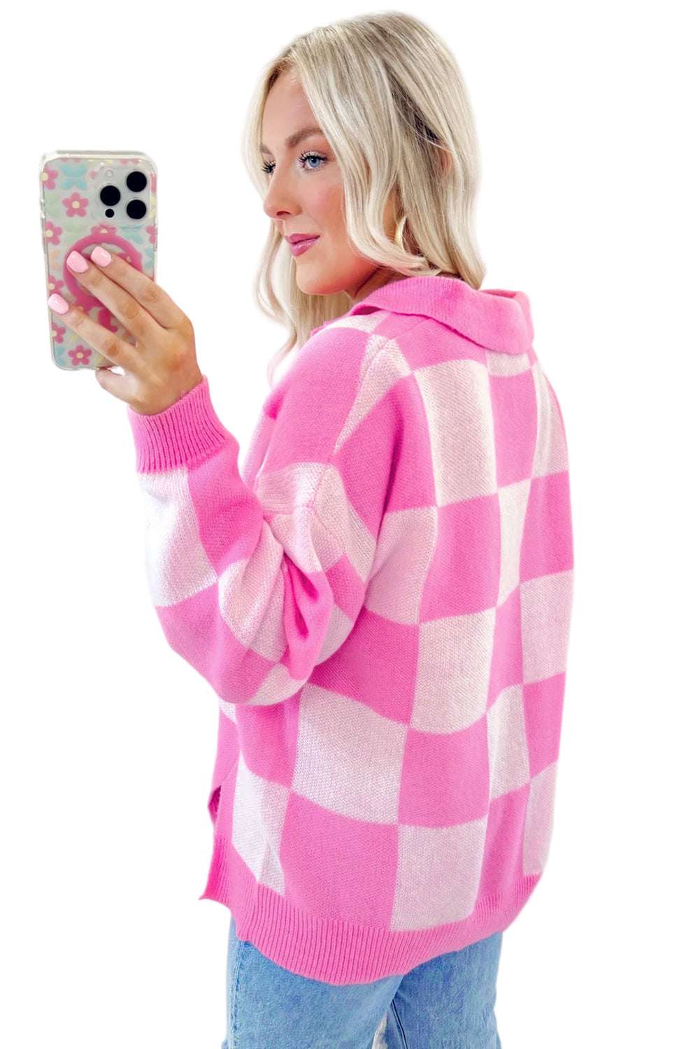 Pink Checkerboard Half Button Collared Drop Shoulder Sweater