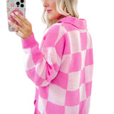 Pink Checkerboard Half Button Collared Drop Shoulder Sweater