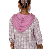 Pink Checkered Print Loose Fit Buttoned Hooded Shacket