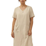 100% Linen Button Front V-Neck Midi Dress NOA