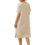 100% Linen Button Front V-Neck Midi Dress NOA