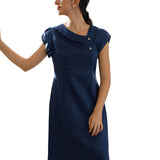 100% Linen Crescent Collar Flutter Sleeve Midi Dress FIONA