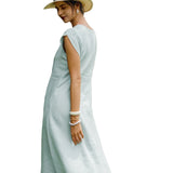 100% Linen Crescent Collar Flutter Sleeve Midi Dress FIONA