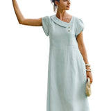 100% Linen Crescent Collar Flutter Sleeve Midi Dress FIONA