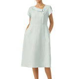 100% Linen Crescent Collar Flutter Sleeve Midi Dress FIONA