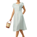 100% Linen Crescent Collar Flutter Sleeve Midi Dress FIONA