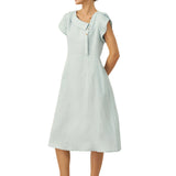 100% Linen Crescent Collar Flutter Sleeve Midi Dress FIONA