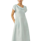100% Linen Crescent Collar Flutter Sleeve Midi Dress FIONA