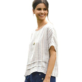100% Linen Pleated Striped Pullover Top VIA