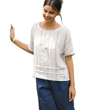 100% Linen Pleated Striped Pullover Top VIA
