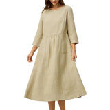 100% Linen Shirred Waistline Patch Pocket Maxi Dress MARCELLA