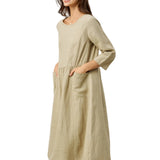 100% Linen Shirred Waistline Patch Pocket Maxi Dress MARCELLA