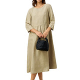 100% Linen Shirred Waistline Patch Pocket Maxi Dress MARCELLA
