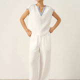 100% Linen V-Neck Embroidered Crop Top FENE