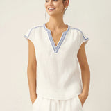 100% Linen V-Neck Embroidered Crop Top FENE