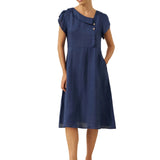 100% Linen Crescent Collar Flutter Sleeve Midi Dress FIONA