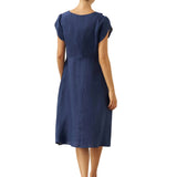 100% Linen Crescent Collar Flutter Sleeve Midi Dress FIONA