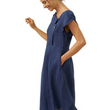 100% Linen Crescent Collar Flutter Sleeve Midi Dress FIONA