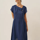 100% Linen Crescent Collar Flutter Sleeve Midi Dress FIONA