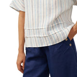 100% Linen Pleated Striped Pullover Top VIA