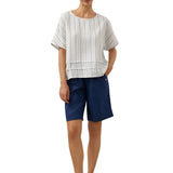 100% Linen Pleated Striped Pullover Top VIA
