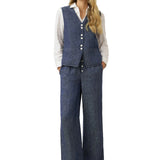 100% Linen Reversible Denim Texture Button Front Vest HARPER